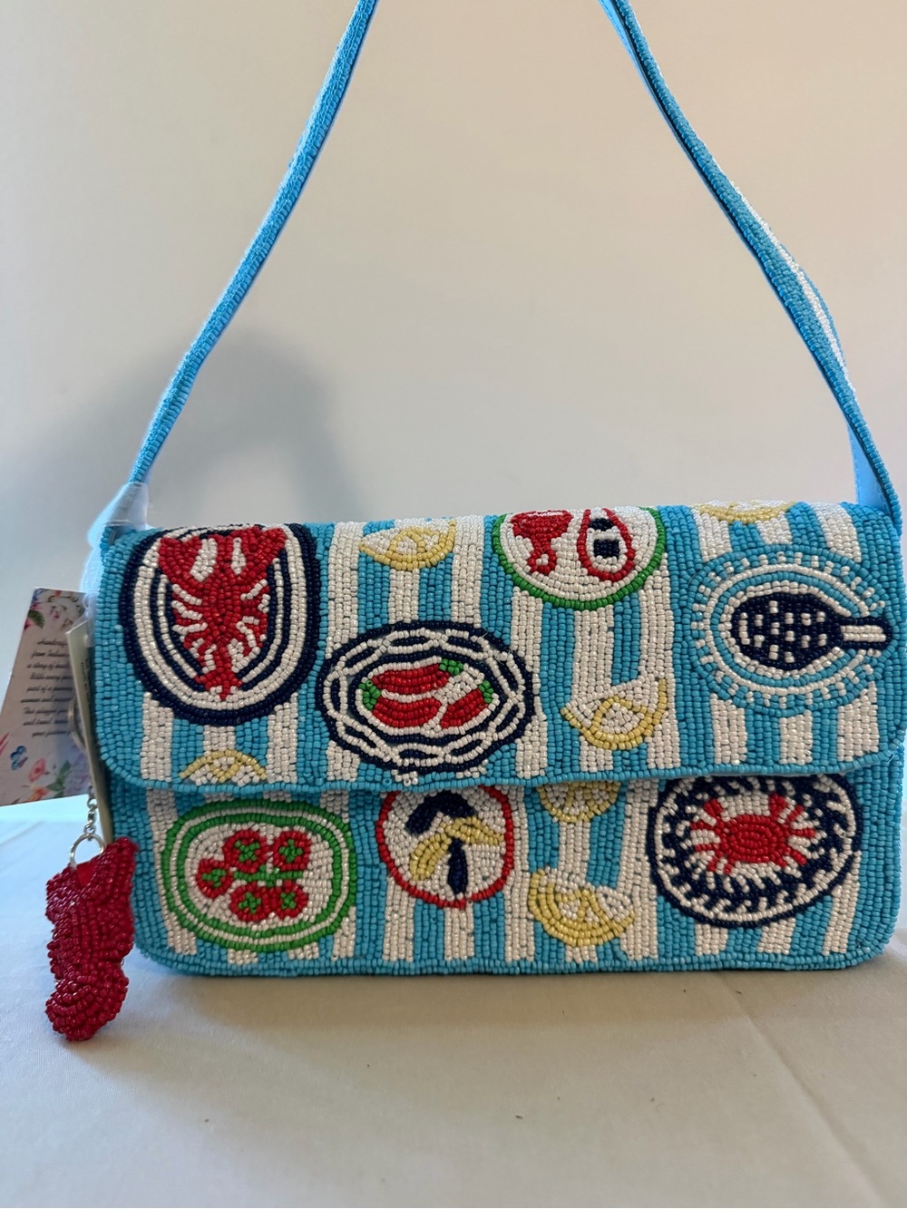 Beaded Blue Striped Shoulder Bag with Nautical Motifs